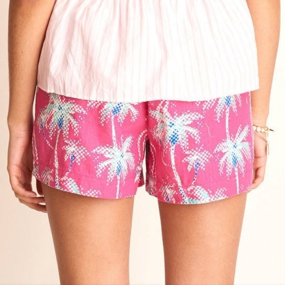 Hatley Shorts High Waisted Linen Hot Pink Lilly Pulitzer vibe Palm Tree Print M - Picture 1 of 11